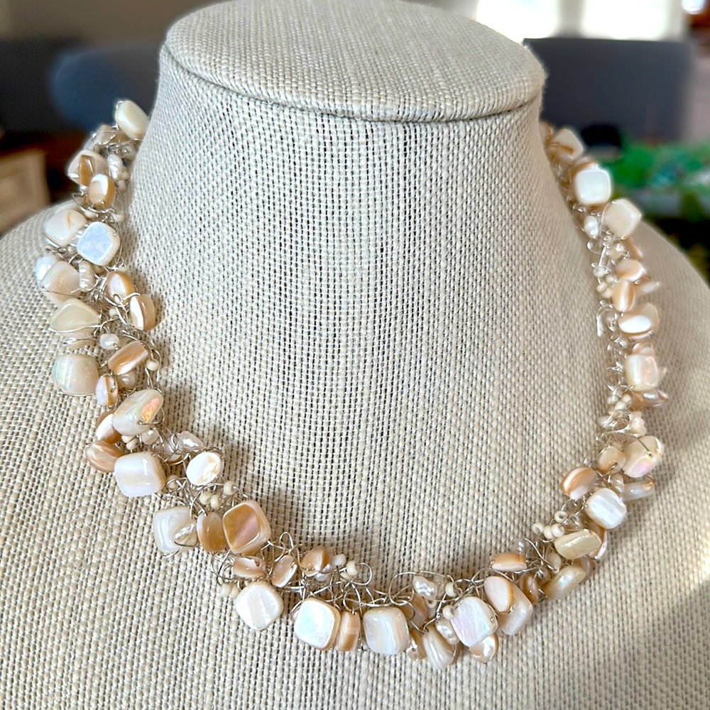 Mother of pearl, sterling silver clasp fresh water pearls necklace